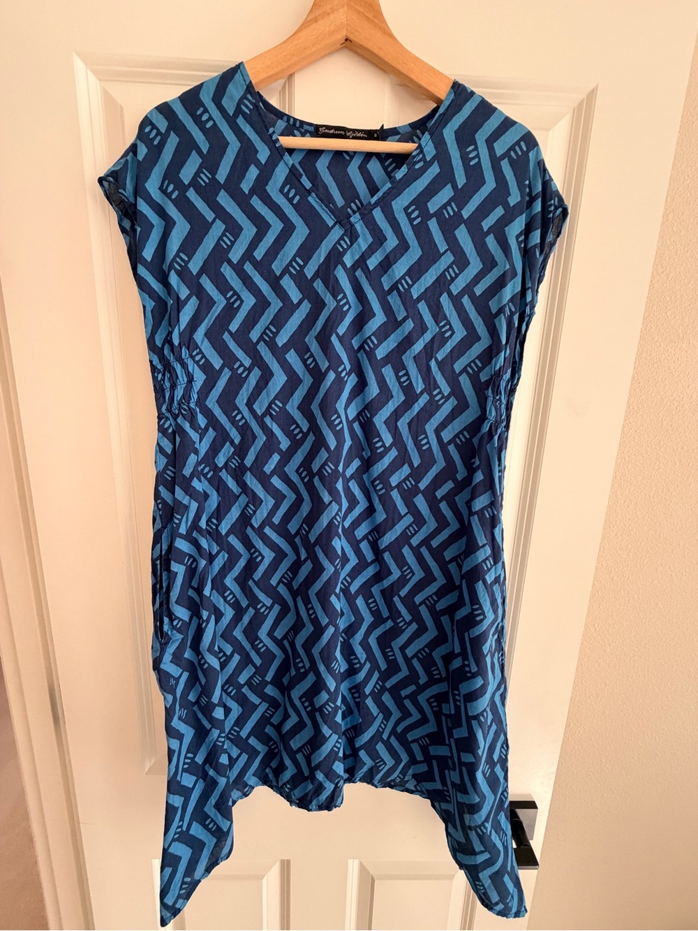 Gudrun Sjoden Blue Geometric Tunic Dress Pockets Lagenlook Art to Wear Cotton Sm